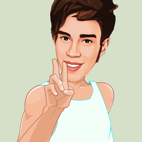 a cartoon drawing of a young man giving a peace sign