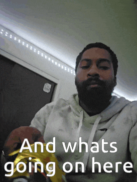 a man taking a selfie with the words " and whats going on here " on the bottom