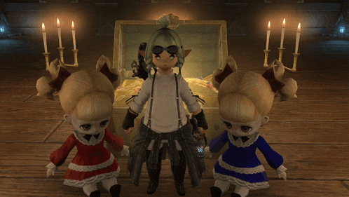two dolls standing in front of a treasure chest with candles