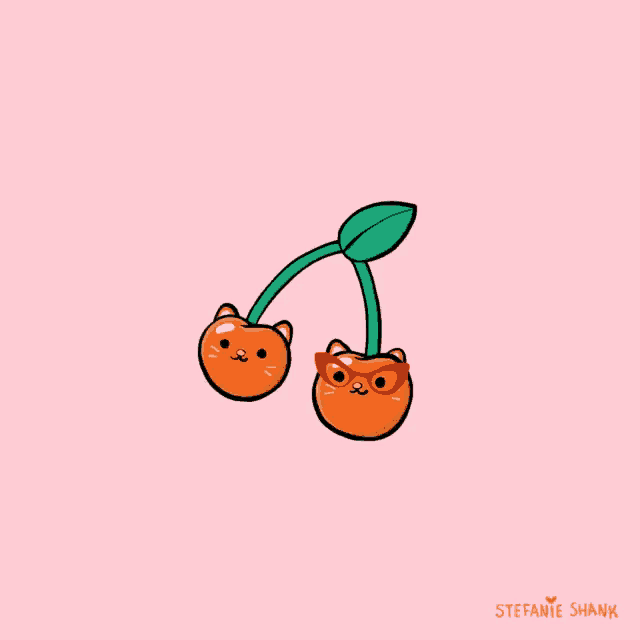 a drawing of two cherries with cat faces and the name stefanie shank on the bottom