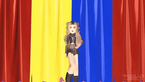 two anime girls are standing in front of a yellow curtain with angelus labels written on the bottom