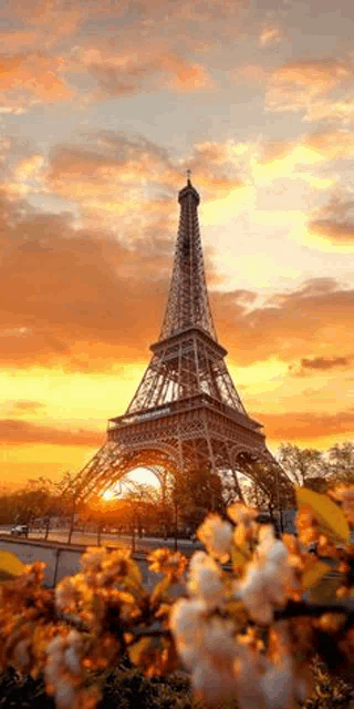 the eiffel tower is surrounded by flowers at sunset .