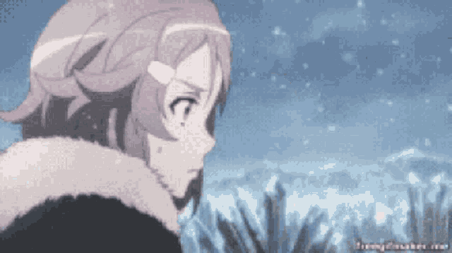 a girl with a bandage on her head is standing in front of a snowy field