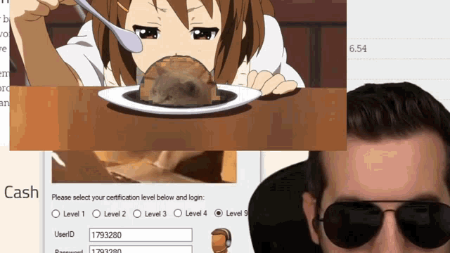 a man wearing sunglasses is looking at a picture of a girl eating food