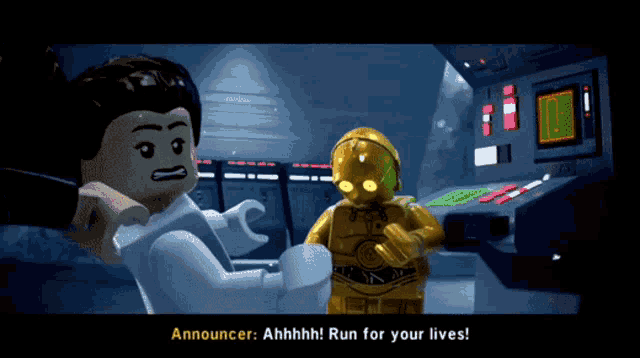 a lego video game shows a woman talking to a c3po