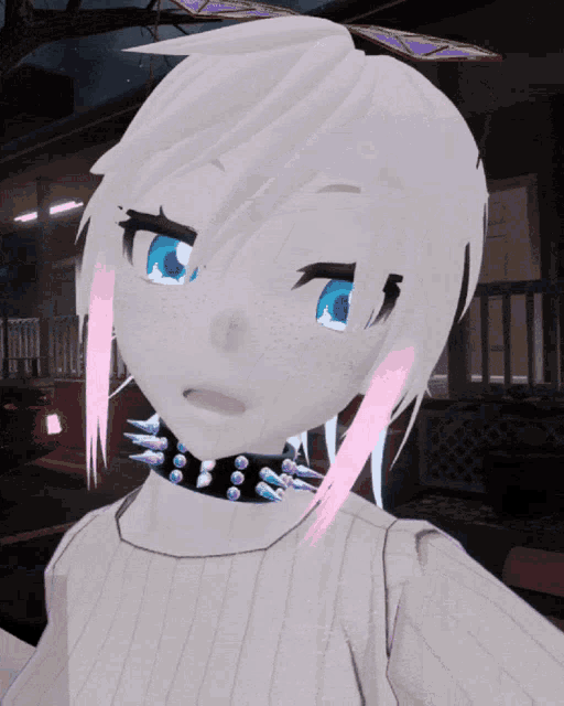a white anime character with blue eyes and pink hair