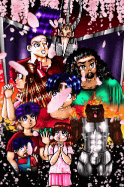 a cartoon drawing of a group of people with flowers falling from the trees