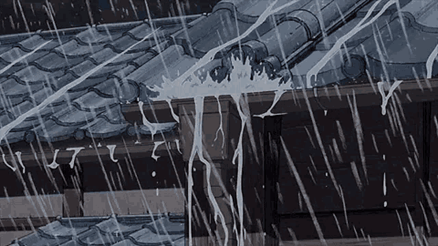 it is raining on the roof of a house and water is coming out of the gutter .