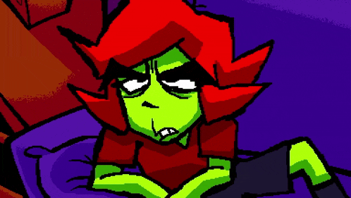 a pixel art drawing of a cartoon character with green and red hair