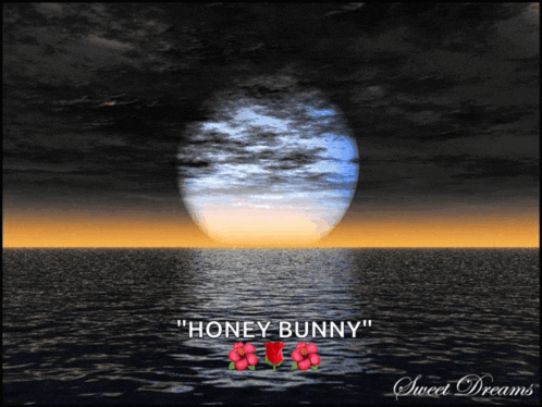 a picture of a full moon over the ocean with the words " honey bunny " below it