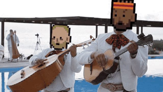 two mariachi players with pixelated faces on their heads playing guitars