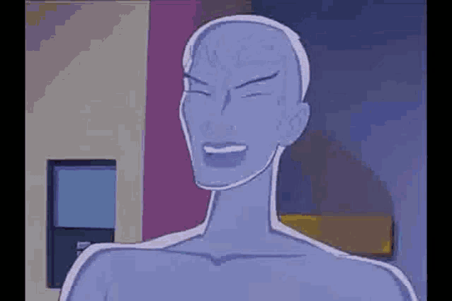 a cartoon character with a shaved head is standing in a room with his eyes closed and smiling .