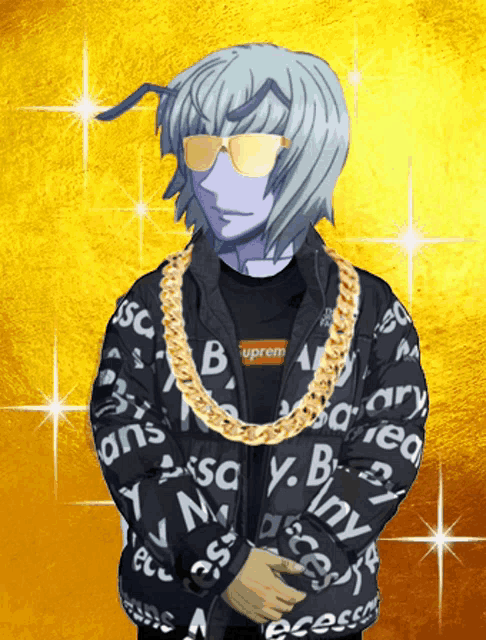 a person wearing a supreme jacket with a chain around their neck