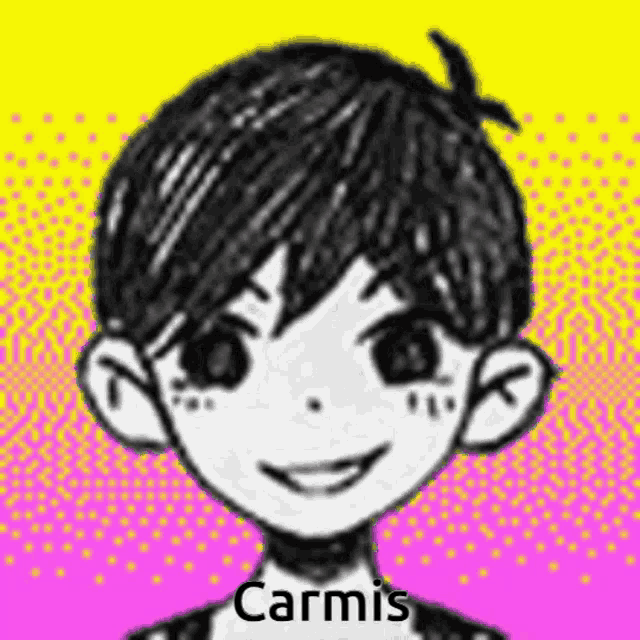a black and white drawing of a boy with a yellow background and a smile on his face .