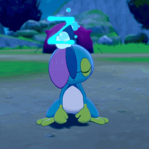 a blue and purple cartoon character with the letter z above it