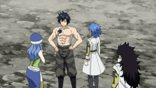 a group of anime characters are standing in the dirt with a man without a shirt
