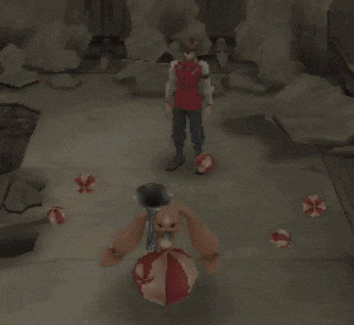a man in a red shirt is standing next to a red and white object in a video game .
