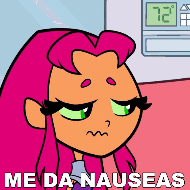 a cartoon of a girl with pink hair and the words me da nauseas below her