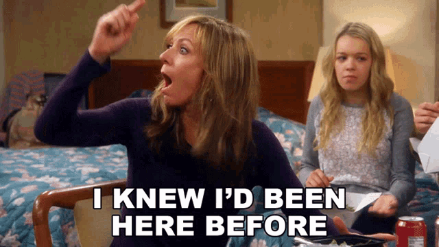 a woman sitting in a chair says " i knew i d been here before "