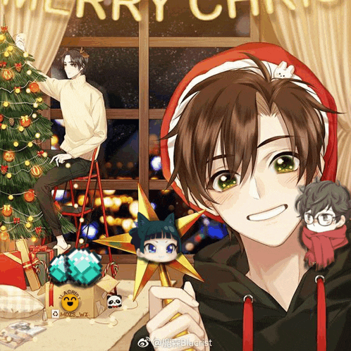a drawing of a boy decorating a christmas tree with merry christmas written on the top