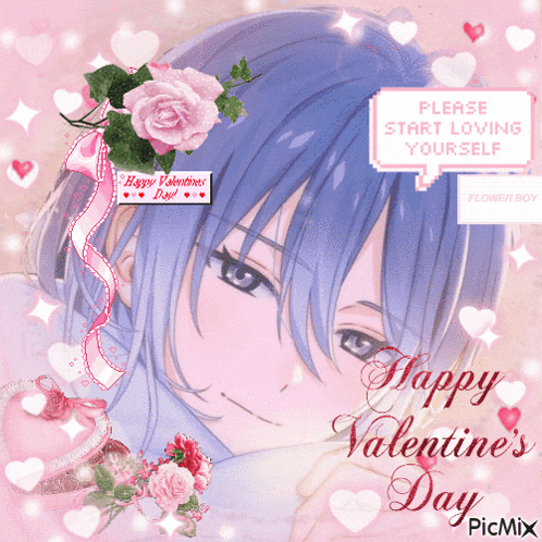 a valentine 's day greeting card with a blue haired anime boy