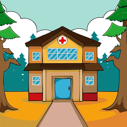 a cartoon illustration of a hospital with a red cross on the front