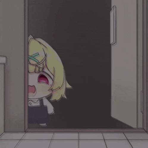 a cartoon girl is peeking out of a doorway