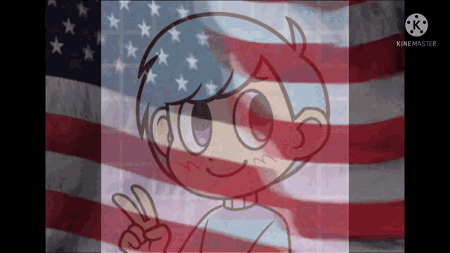 a cartoon character is giving a peace sign in front of an american flag ..