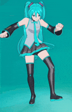 hatsune miku is dancing with her arms outstretched on a blue background