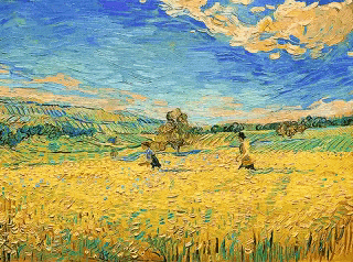 a painting of people in a field with a blue sky