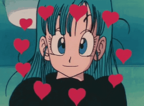 a cartoon girl with blue hair and red hearts around her head