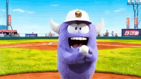 a purple monster is wearing a baseball cap and throwing a baseball .