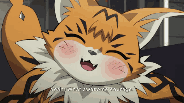 a cartoon cat is smiling and says " yeah what awesome courage "