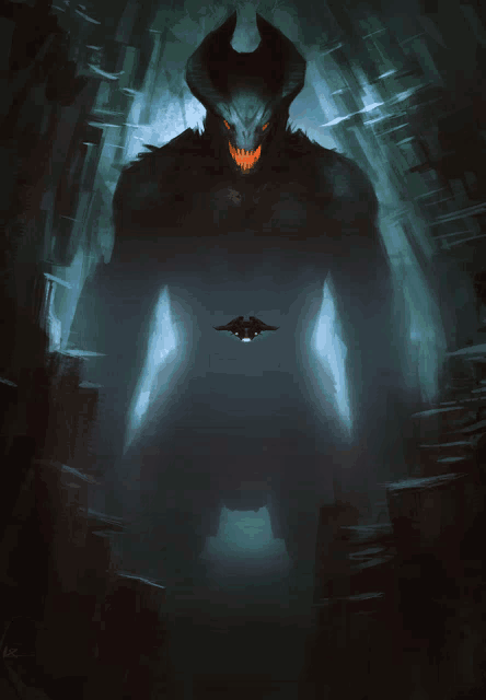 a painting of a monster with horns and a spaceship flying in front of it