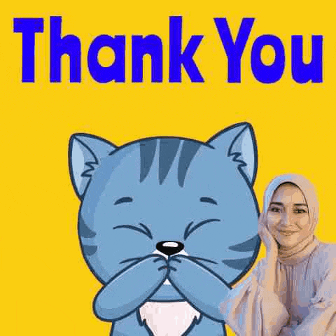 a cartoon cat is holding a heart in its mouth and a woman in a hijab is standing next to it .