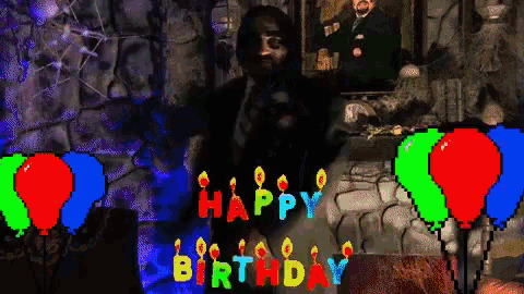 a pixelated image of a man and balloons with the words happy birthday