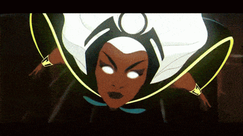 a cartoon drawing of a woman with white eyes and a black cape