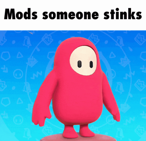 a red cartoon character with the words mods someone stinks