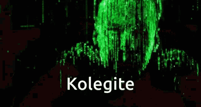 a man in a suit and tie is surrounded by green numbers and the word kolegie is written on the screen .