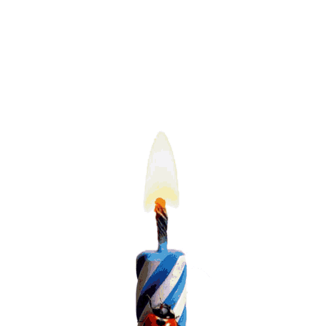 a ladybug sits on top of a blue and white birthday candle