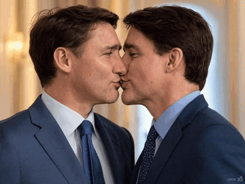 two men in suits and ties kissing each other in front of a grok x logo