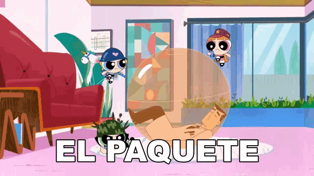 a cartoon of a man in a bubble with el paquete written below him