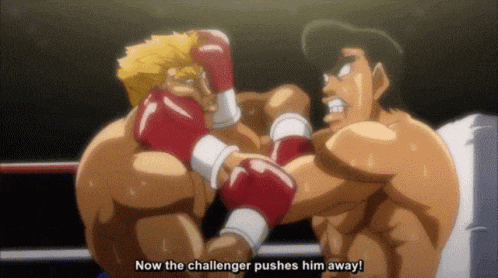 a boxing match with the words now the challenger pushes him away in the corner