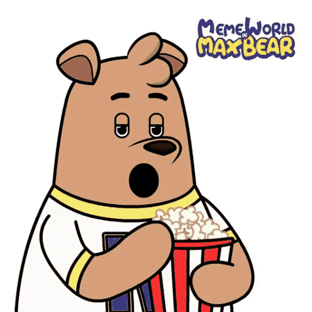 a cartoon of a bear holding a bucket of popcorn with meme world max bear on the bottom