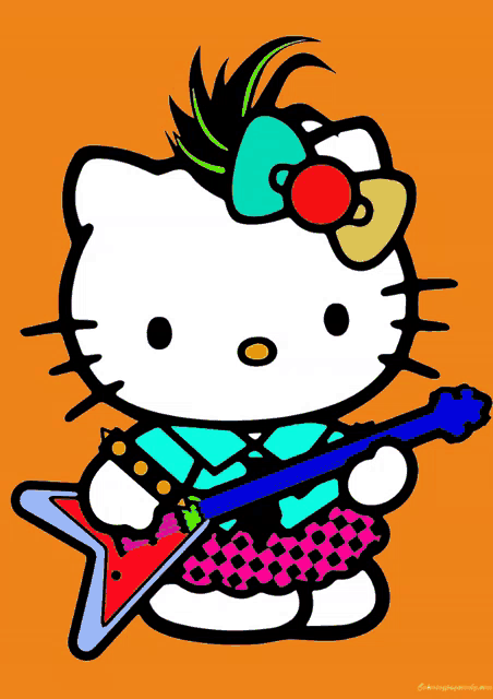 a drawing of hello kitty with a mohawk holding a guitar