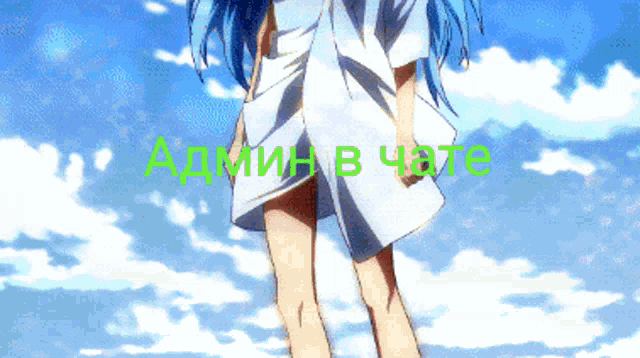 a girl with blue hair stands in front of a blue sky with the words admin in chate written in green