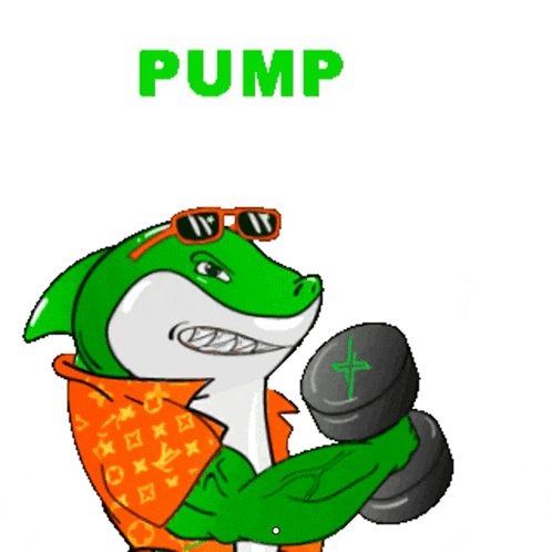 a cartoon of a shark wearing sunglasses and a bandana with the word pump on the bottom