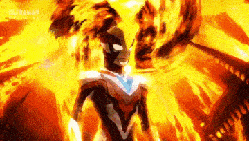 a cartoon character is standing in the middle of a fire .