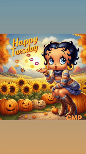 a picture of betty boop sitting on a pumpkin with the words happy tuesday written above her
