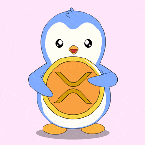 a blue and white penguin is holding a gold coin in its mouth